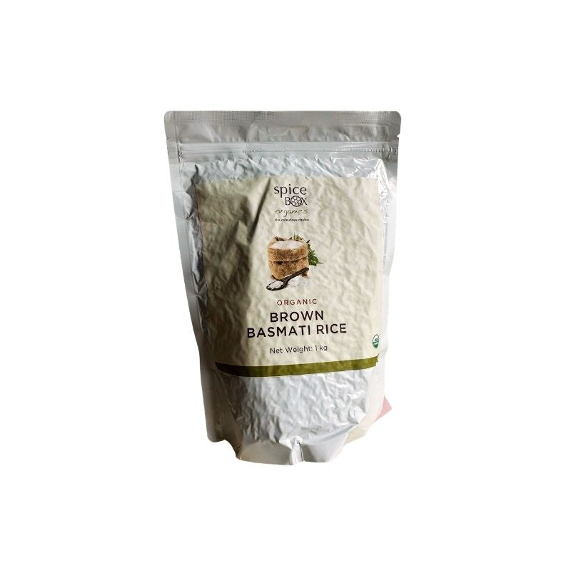 Spice Box Organic Brown Basmati Rice packaging on a white background