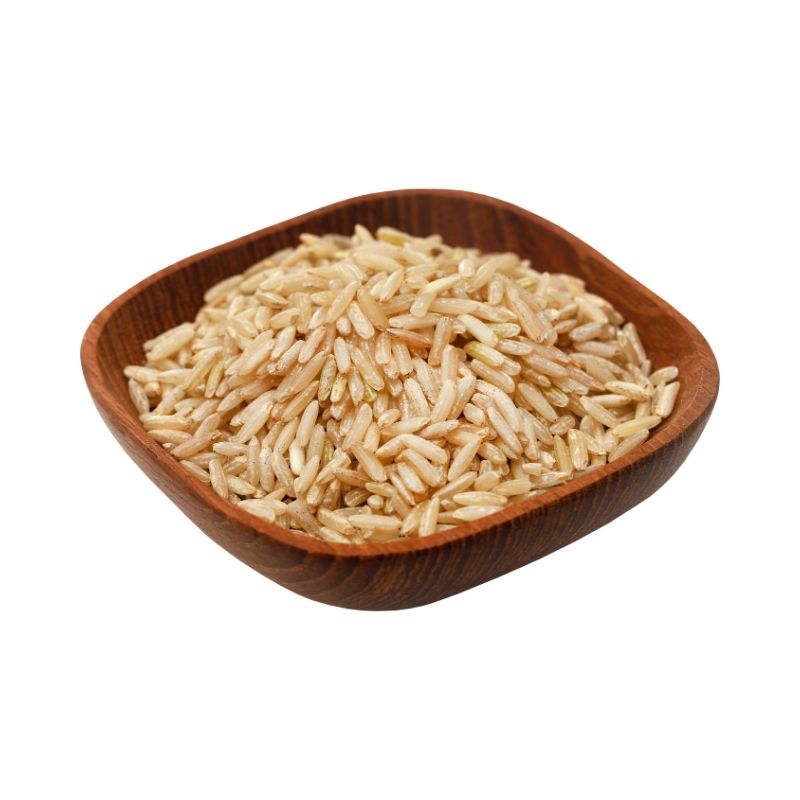 Spice Box Organic Brown Basmati Rice in a wooden bowl on a white background