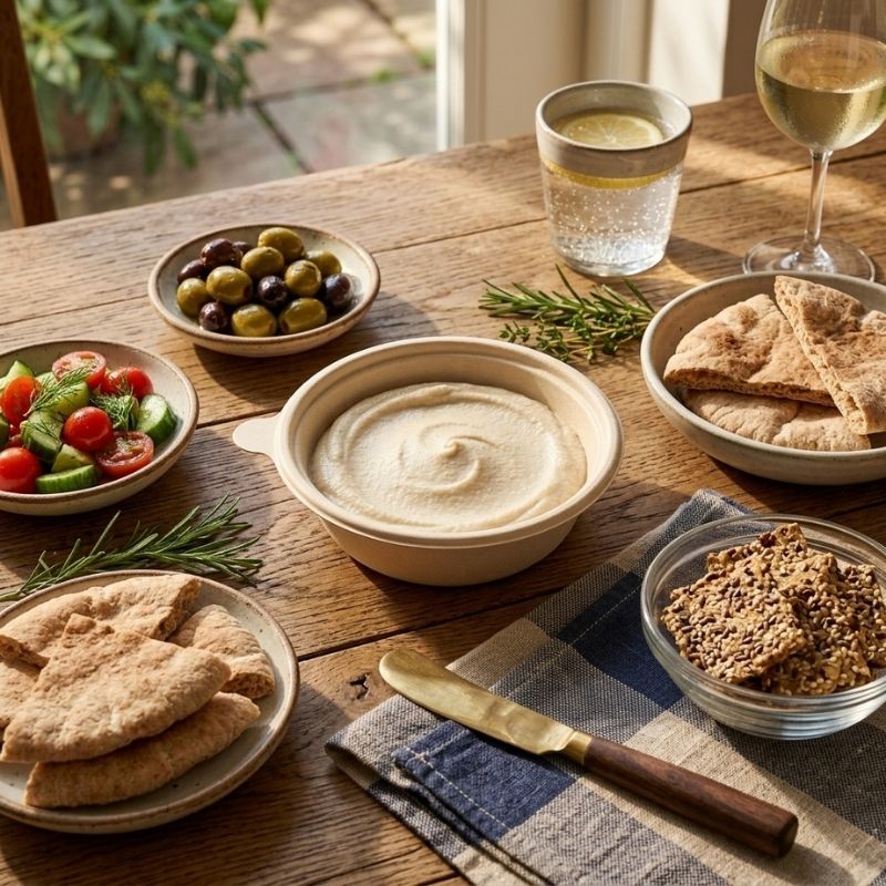 A rustic wooden table styled with Sprouted Cashew Sour Cream - 180g, pita bread, olives, a tomato salad, nuts, a glass of water, and a glass of white wine, with a small knife on a blue-and-white checkered napkin.