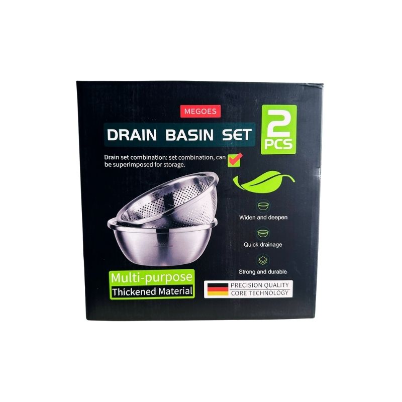 Packaging of a drain basin set with MEGOGS branding on a white background