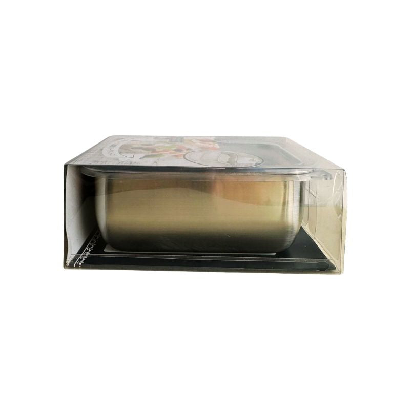 Stainless Steel Greek Yogurt Strainer 希臘優格水濾器 with a clear plastic lid, shown inside its retail packaging box against a white background.