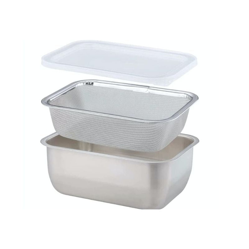 Stainless Steel Greek Yogurt Strainer 希臘優格水濾器 with a matching metal mesh strainer basket and a translucent white plastic lid, shown against a plain white background.