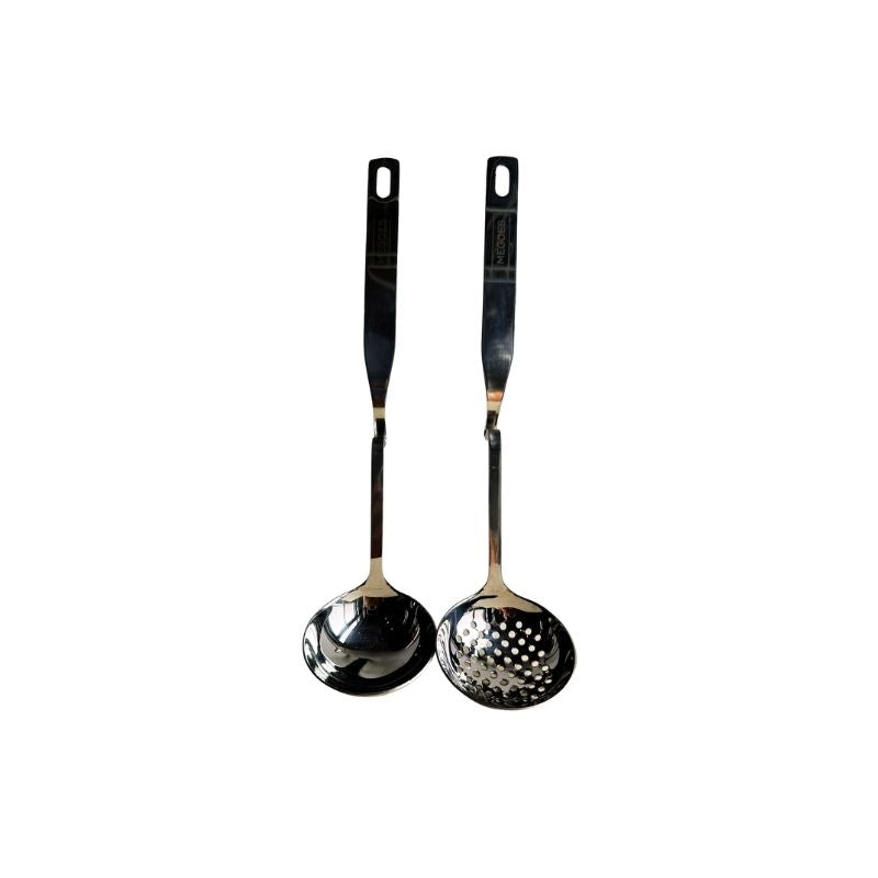 Stainless Steel Ladle and Strainer Pot Spoon Set on a white background