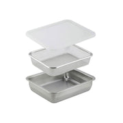 Shimomura Kihan Stainless Steel Prep Strainer & Container Set with Lid (Wide Deep Size), including a rectangular colander strainer, a smaller mesh basket, and a large rectangular sink tray, with a translucent white plastic lid on top, shown against a plain white background.