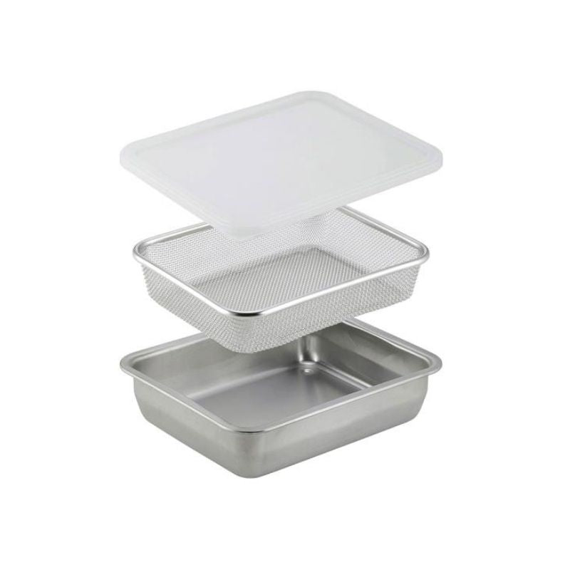 Shimomura Kihan Stainless Steel Prep Strainer & Container Set with Lid (Wide Deep Size), including a rectangular colander strainer, a smaller mesh basket, and a large rectangular sink tray, with a translucent white plastic lid on top, shown against a plain white background.