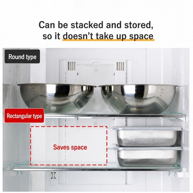 A refrigerator shelf comparison graphic showing two stainless steel bowl-like storage pieces labeled 'Round type' and 'Rectangular type,' which is Shimomura Kihan Stainless Steel Prep Strainer & Container Set with Lid (Wide Deep Size) with text stating 'Can be stacked and stored, so it doesn't take up space' and 'Saves space.'.
