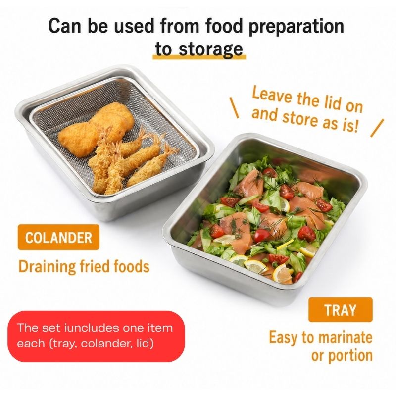 Shimomura Kihan Stainless Steel Prep Strainer & Container Set with Lid (Wide Deep Size) shown on a white background with explanatory text. One square tray contains a salad, and another rectangular colander-style basket holds fried food.