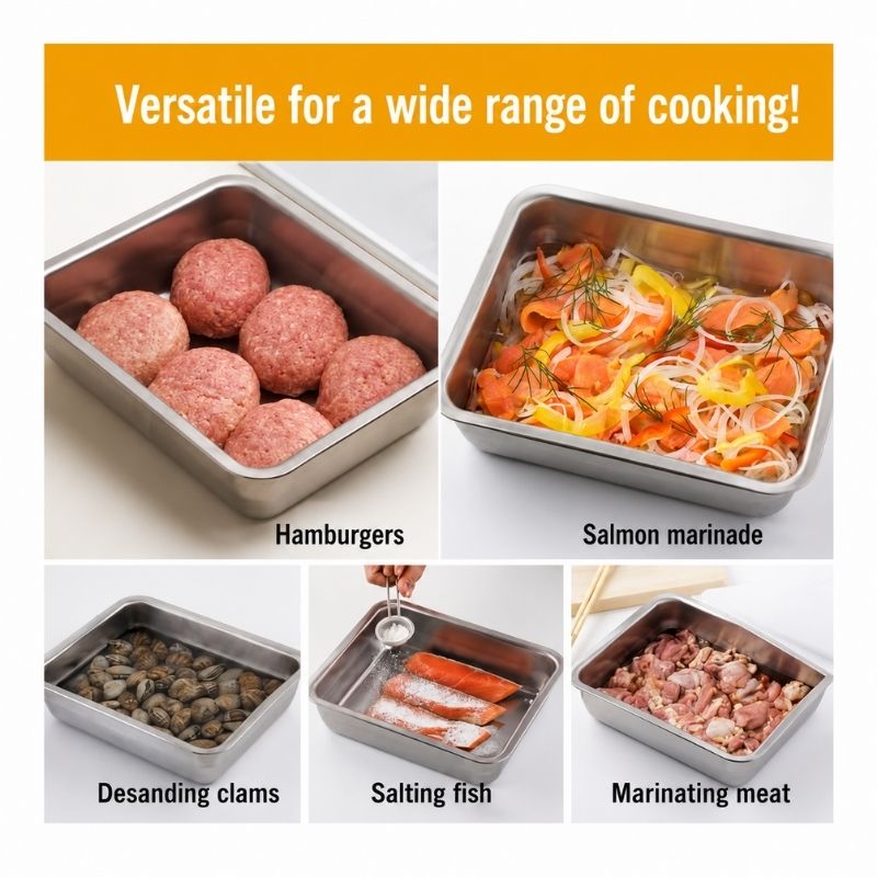 A collage showing Shimomura Kihan Stainless Steel Prep Strainer & Container Set with Lid (Wide Deep Size) used for various cooking tasks: holding hamburger patties, salmon marinade, desanding clams, salting fish, and marinating meat. An orange banner at the top reads 'Versatile for a wide range of cooking!'.