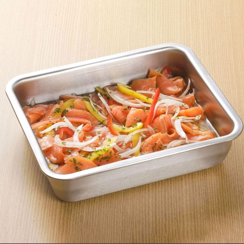 Stainless Steel Storage Prep Tray with Lid (Wide Deep Size) filled with sliced salmon, white onions, and colorful bell pepper strips, set on a light wood surface.