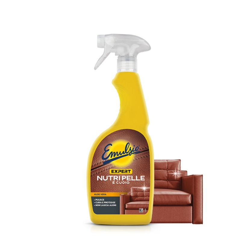 Sutter Professional Mulsio Expert Nutri Pelle Revives Skin and Leather Cleaner labeled 'Emulsio' next to a brown leather sofa on a white background