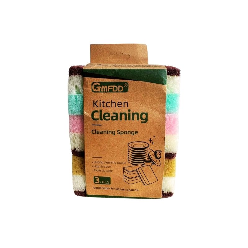 Packaged Three-layered high-foaming seaweed sponge scouring pad - 3pc with a cardboard box on a white background