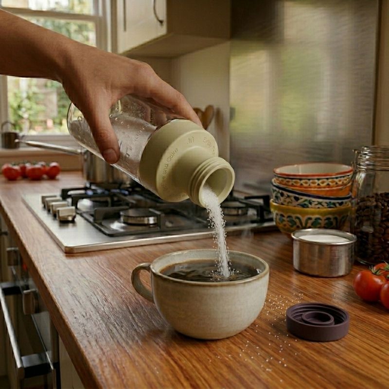 Person pouring sugar from Tom Control Condiment Bottle - 260ml into a ceramic mug on a kitchen counter.