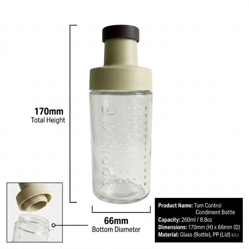 Tom Control Condiment Bottle - 260ml with measurements and product details on a white background