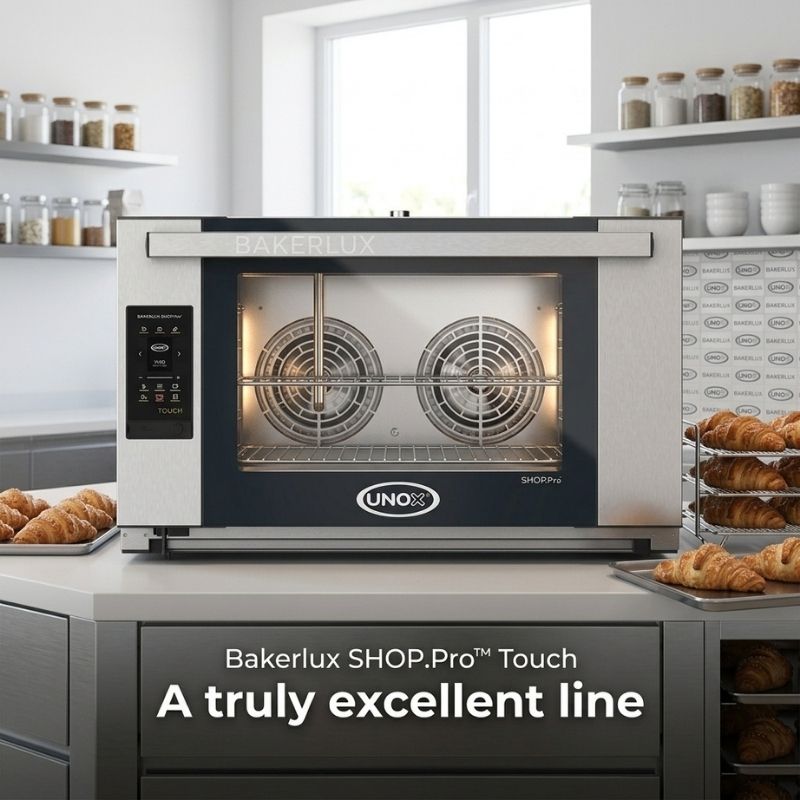 A XEFR-04EU-ETDP UNOX-BAKERLUX SHOP.Pro™ TOUCH Oven with pump-4 trays with a stainless steel and black exterior, shown on a kitchen counter with pastries in a bright kitchen setting.