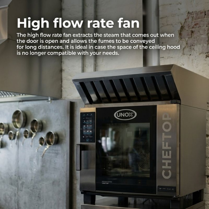UNOX Cheftop commercial oven in a kitchen setting with a large text overlay explaining the high flow rate fan feature of UNOX-CHEFTOP MIND.Maps™ COMPACT Ventless hood - XECHC-HC23
