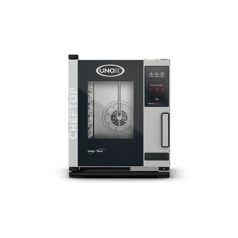 UNOX CHEFTOP MIND.Maps COMPACT ONE COUNTERTOP Combi Oven -5 trays GN 2/3 in stainless steel and black, featuring a digital touch screen control panel on the right side and a glass viewing window showing the interior roasting rack.