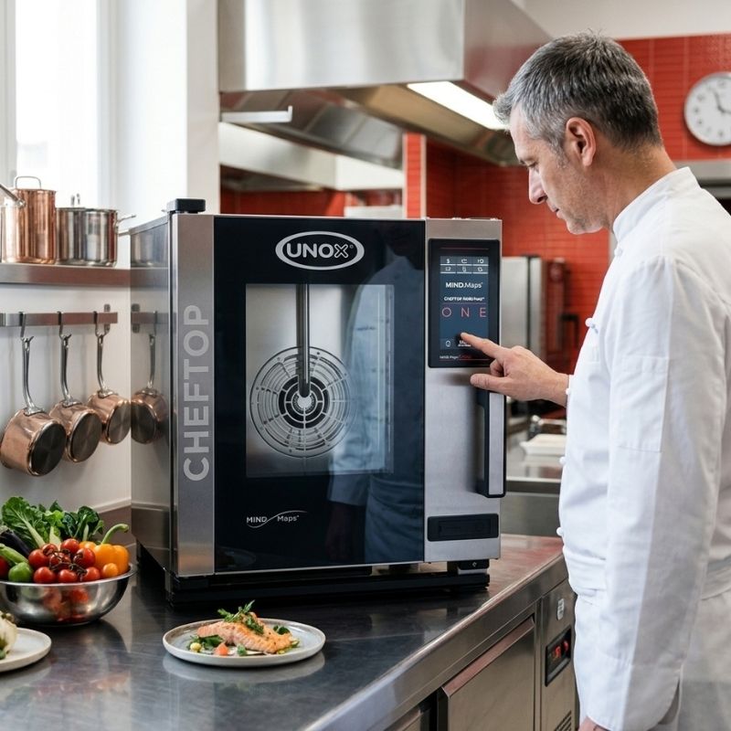 A chef in a white uniform stands beside a large UNOX CHEFTOP MIND.Maps COMPACT ONE COUNTERTOP Combi Oven -5 trays GN 2/3 in a professional kitchen, touching the oven's digital control panel.