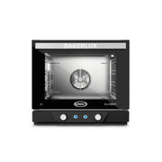 Unox BAKERLUX CLASSIC MANUAL ELECTRIC Convection Oven - XENA-04HS-MADN in black with a stainless steel interior, shown against a plain white background.