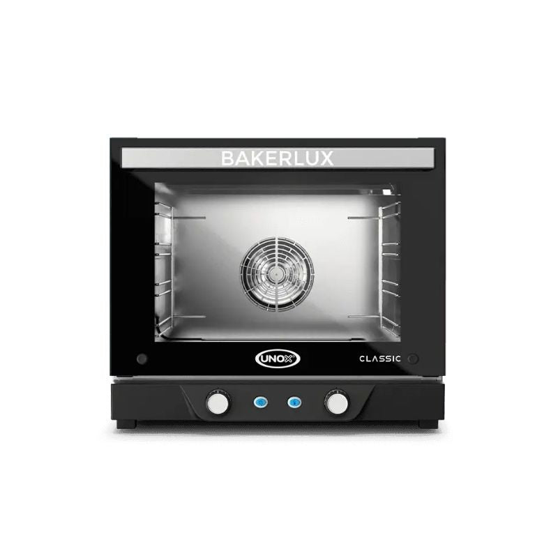 Unox BAKERLUX CLASSIC MANUAL ELECTRIC Convection Oven - XENA-04HS-MADN in black with a stainless steel interior, shown against a plain white background.