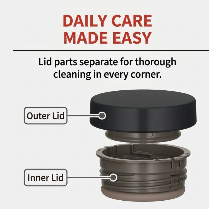 Daily care instruction graphic showing a THERMOS Vacuum Insulated Food Jar - 500ml's lid separated into an outer lid and inner lid for thorough cleaning, with text reading 'DAILY CARE MADE EASY' on a light gray background.