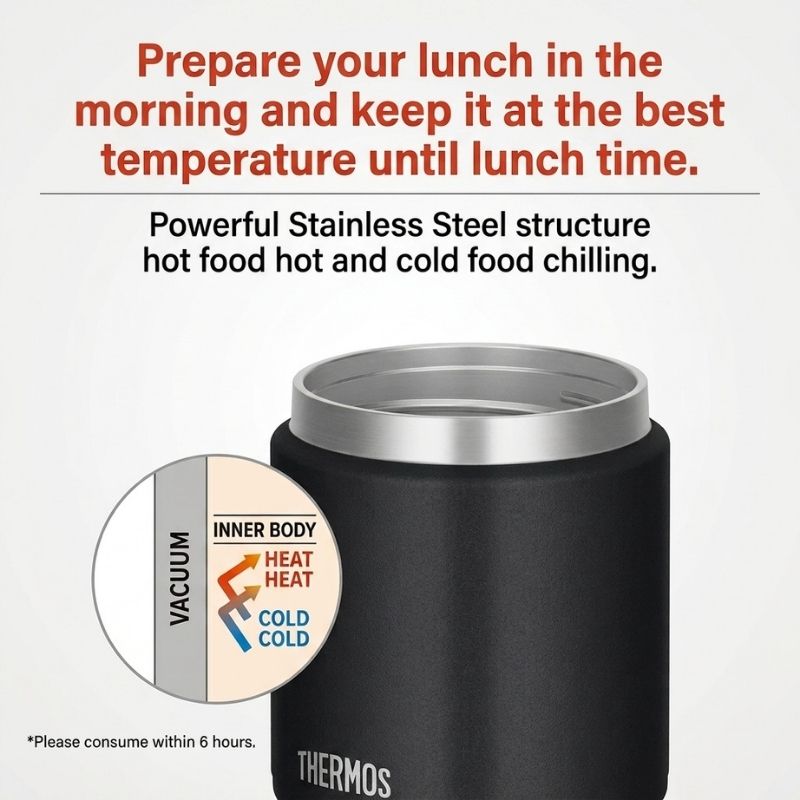A black THERMOS Vacuum Insulated Food Jar - 500ml shown on a light gray background with promotional text about keeping food at the best temperature. A circular inset highlights the vacuum inner body and heat retention.