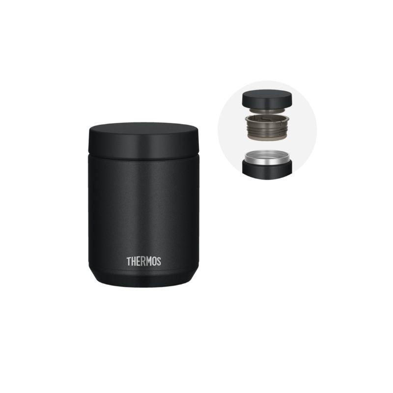 A matte black THERMOS Vacuum Insulated Food Jar - 500ml with a matching lid, shown on a white background with a circular inset detail of the lid's inner seal mechanism.