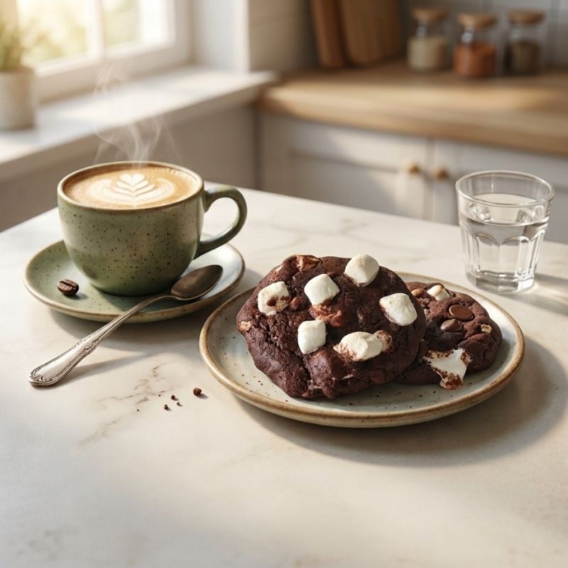 A cup of latte art coffee in a speckled green mug sits on a table beside two Vegan Gluten-Free Rocky Road Cookie topped with white marshmallows on a light marble surface. A glass of water and a spoon are also visible in a softly lit kitchen setting.