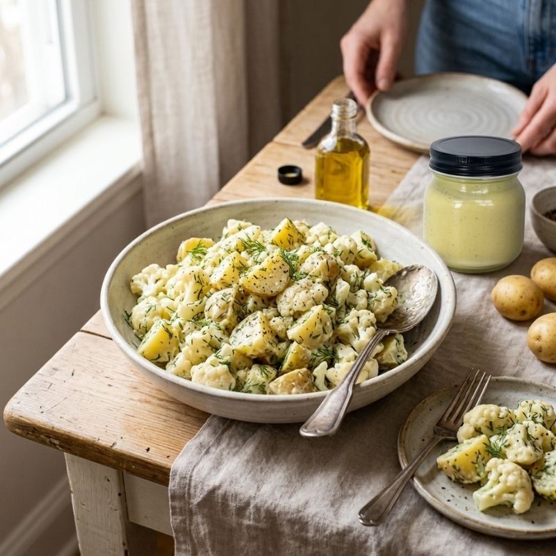 A large ceramic bowl filled with potato and cauliflower salad sits on a rustic wooden table, with a smaller plate, spoon, bottle of oil, and a jar of Vegan Keto Mayonnaize - 180g nearby. A person's hands and torso are visible in the background near the window, placing a plate on the table.
