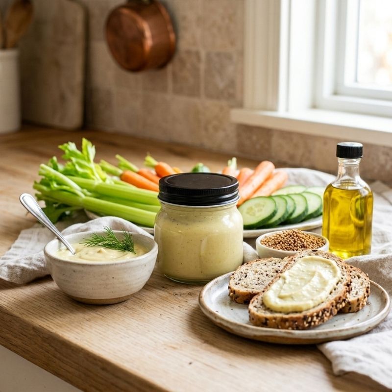 A jar of Vegan Keto Mayonnaize - 180g sits on a wooden kitchen counter beside a bowl of dressing, sliced cucumbers, celery, carrots, and seed bread with butter, with a small bottle of oil nearby.