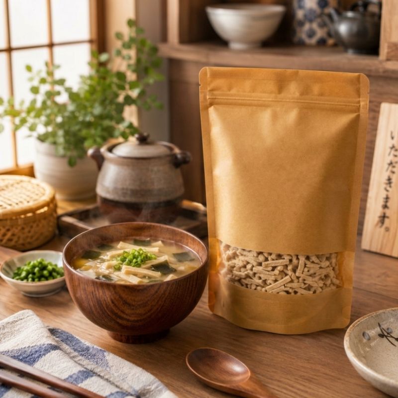 A brown kraft paper pouch of Vegan Koya Tofu Freeze-Dried Bean Curd (250g, finely cut) with a window showing the dried tofu pieces, placed next to a steaming wooden bowl of Japanese miso soup. A rustic kitchen setting ideal for showcasing high-protein, low-carb ingredients for healthy home cooking in Hong Kong.