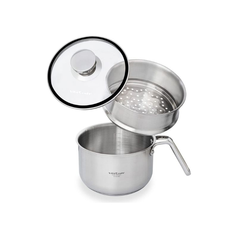 Vita Craft Steam Multi Pot - 1.9 L (model:3848) with a handle, shown with a matching glass lid and a perforated steamer insert on a white background.