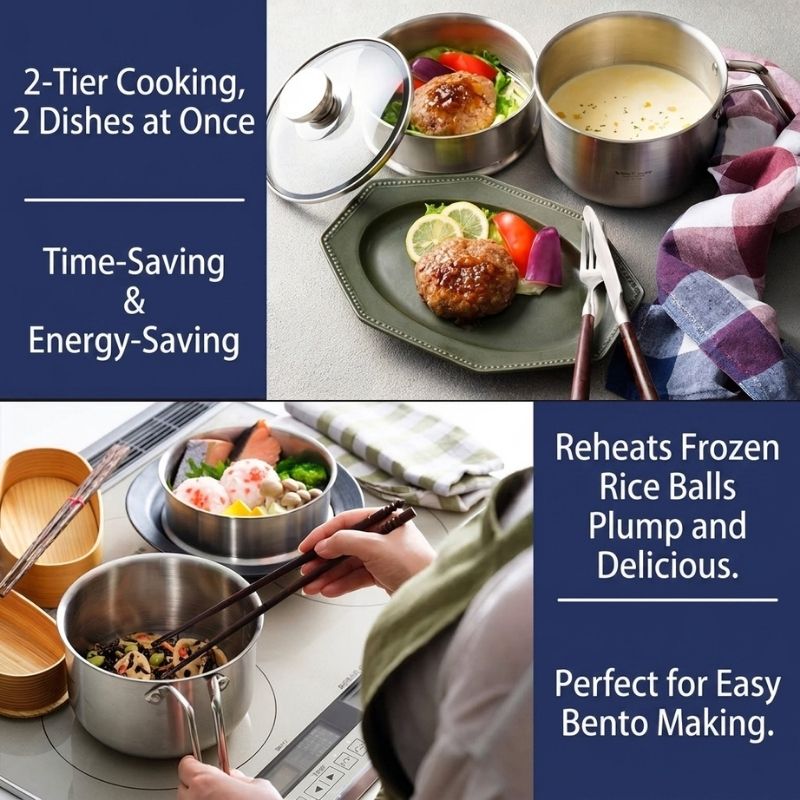 A promotional collage for Vita Craft Steam Multi Pot - 1.9 L (model:3848), showing the pot and lid, plated cooked food, utensils, and a person reheating rice balls in a kitchen setting. Text overlays highlight time-saving and energy-saving benefits.