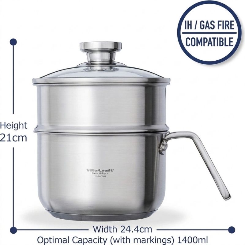 Vita Craft Steam Multi Pot - 1.9 L (model:3848) shown with dimension lines indicating height 21cm, width 24.4cm, and optimal capacity 1400ml, plus an IH/Gas Fire Compatible badge.