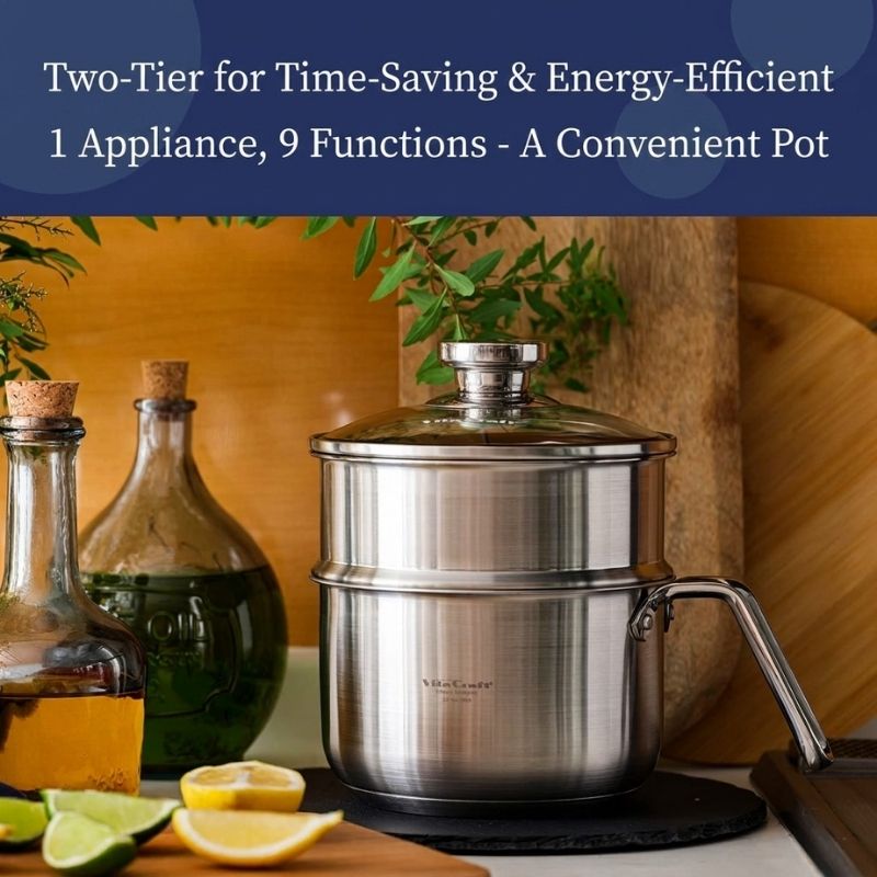 Vita Craft Steam Multi Pot - 1.9 L (model:3848), shown on a black trivet in a kitchen setting with lemons, bottles, and a wooden cutting board. A dark blue banner at the top reads, 'Two-Tier for Time-Saving & Energy-Efficient 1 Appliance, 9 Functions - A Convenient Pot.