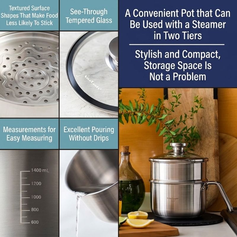 A promotional collage for aVita Craft Steam Multi Pot - 1.9 L (model:3848). The left side shows feature callouts with close-up product views: a textured steamer insert, a tempered-glass insert, measurement markings, and pouring water.