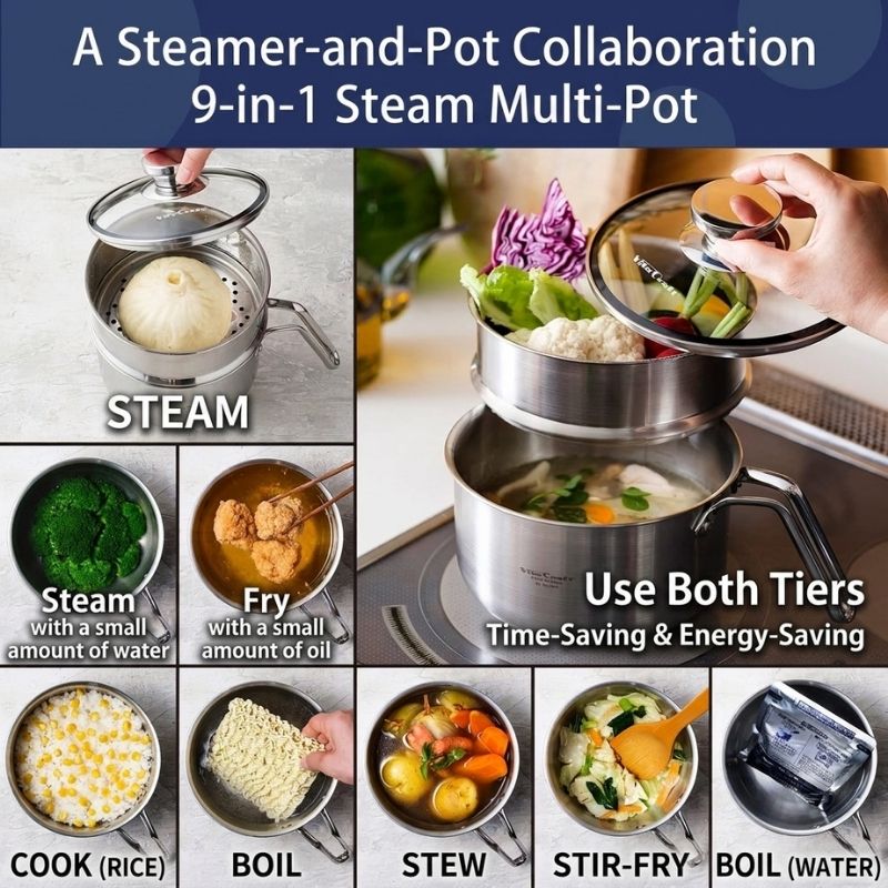 A multi-panel promotional graphic for a 9-in-1 steam multi-pot, Vita Craft Steam Multi Pot - 1.9 L (model:3848). The top text reads 'A Steamer-and-Pot Collaboration 9-in-1 Steam Multi-Pot.