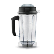 A Vitamix 2-litre Classic Wet Container jar with a clear plastic body, black handle, black lid, and silver blade assembly, shown on a white background.