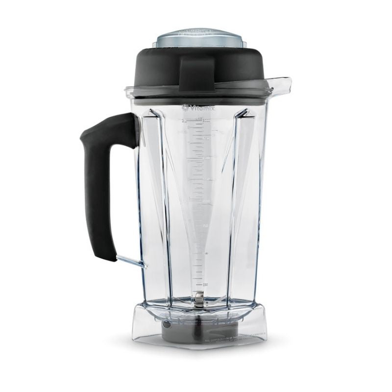 A Vitamix 2-litre Classic Wet Container jar with a clear plastic body, black handle, black lid, and silver blade assembly, shown on a white background.