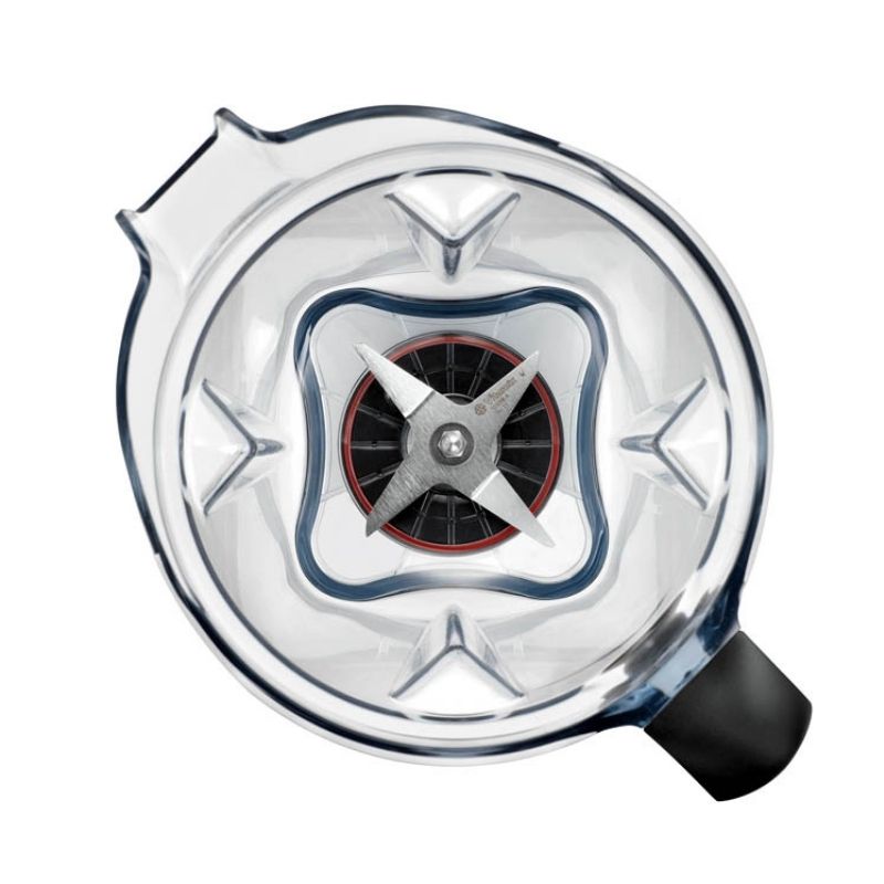 A clear Vitamix 2-litre Classic Wet Container inside image with a black and silver four-blade motor assembly and a black neck coupling, shown from a top-down perspective on a white background.