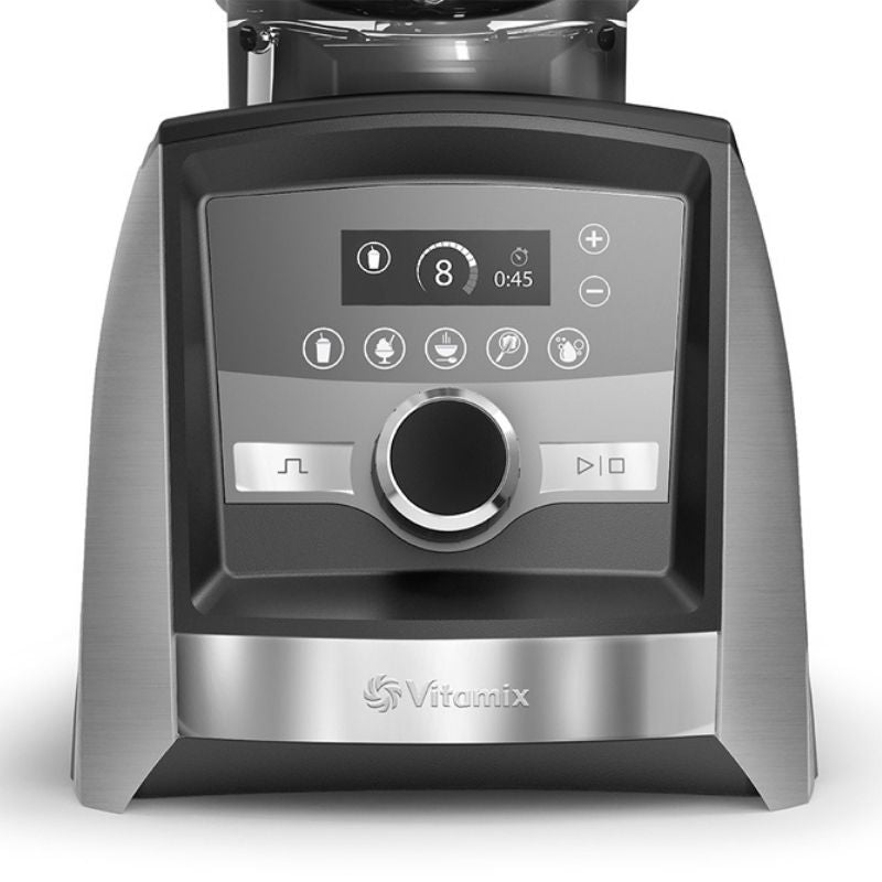 Vitamix Ascent Series A3500i blender base in brushed stainless steel and black, featuring a digital control panel with a central dial and touch icons.