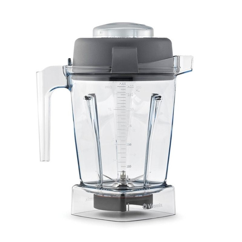 A clear Vitamix Explorian E310 Classic Blender jar with a dark gray lid and base, featuring measurement markings on the side, set against a plain white background.