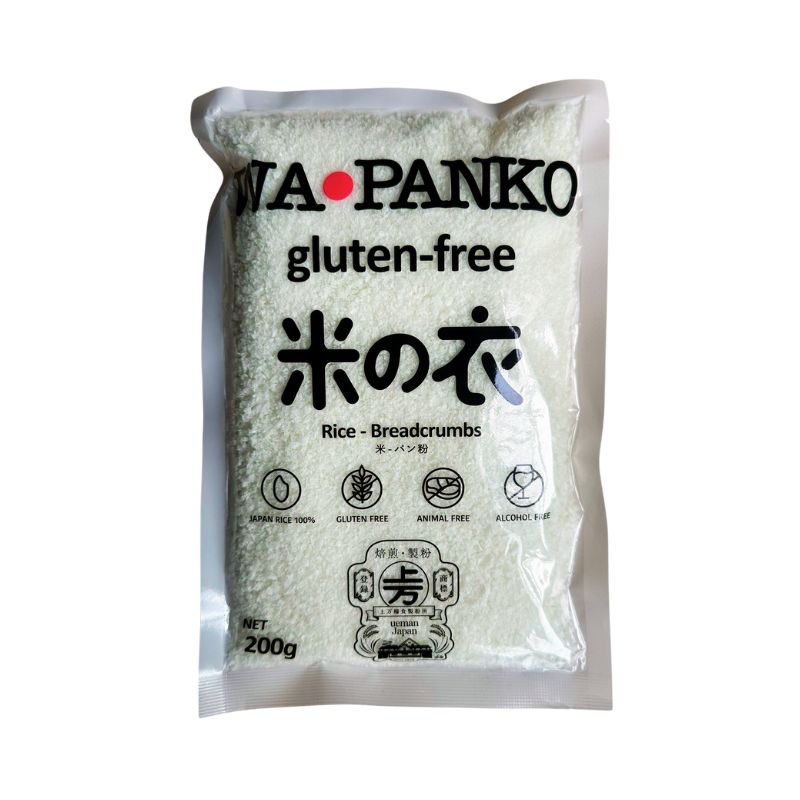 Bag of Wa Panko gluten-free rice breadcrumbs on a white background