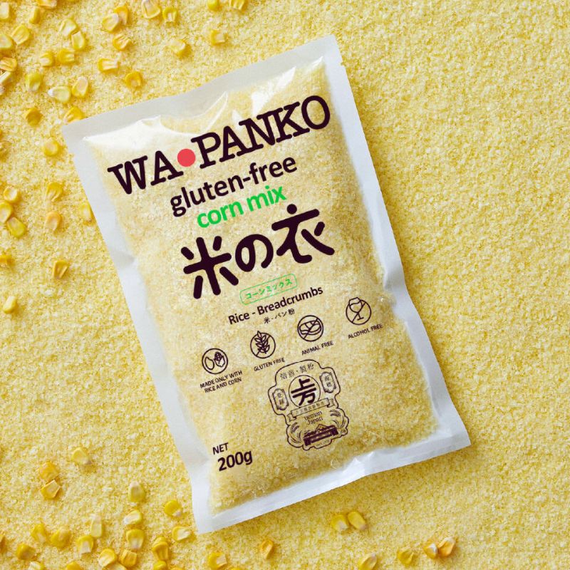 Wa-Panko gluten-free rice crumb mix packaging on a yellow background