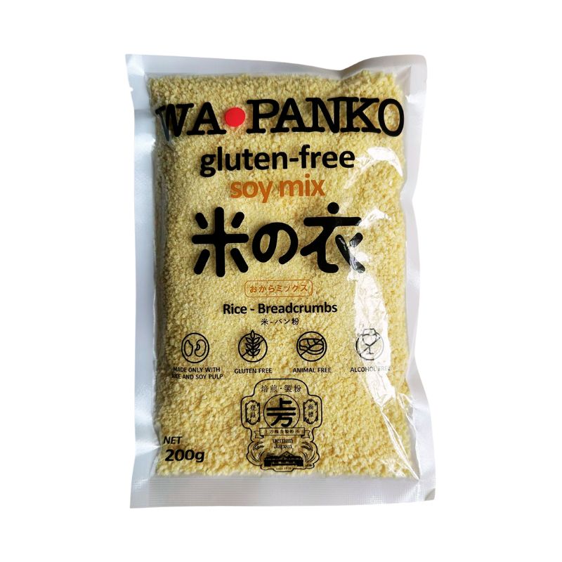 Package of Wa-Panko gluten-free soy mix rice breadcrumbs on a white background