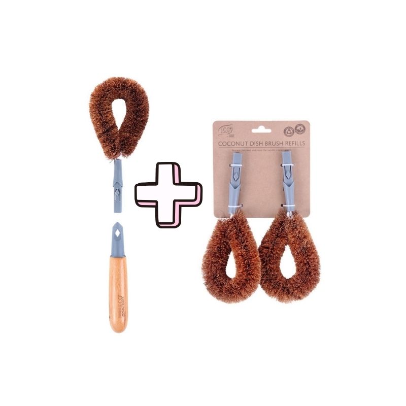 Coconut dish brush set with additional refills on a white background