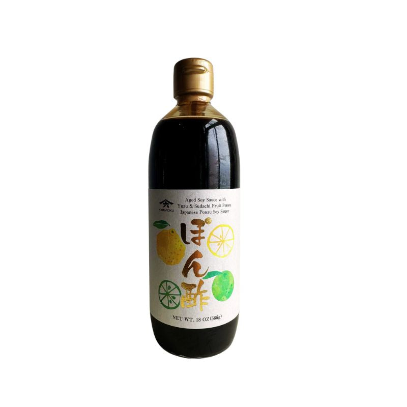 Bottle of Yamaroku "A Little Fancy" Ponzu with a white label on a white background