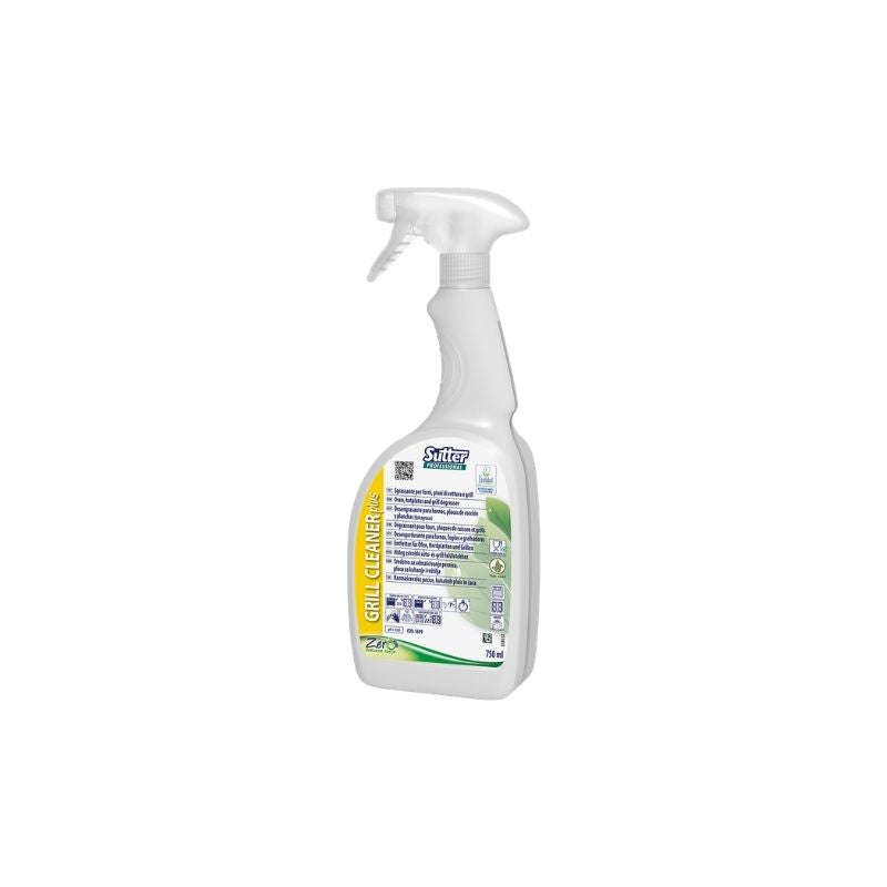 A white plastic spray bottle of Zero Natural Force GRILL CLEANER PLUS Ovens Cooktops and Grills Natural Degreaser - 750ml, featuring a yellow and green label, set against a plain white background.
