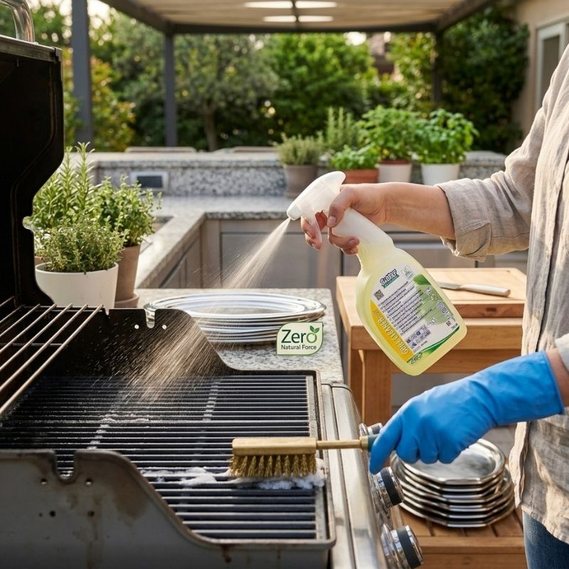 A person wearing blue gloves spraysZero Natural Force GRILL CLEANER PLUS Ovens Cooktops and Grills Natural Degreaser - 750ml from a white spray bottle onto a black grill grate, with a wooden brush nearby and an outdoor kitchen background.