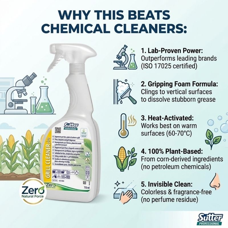Zero Natural Force GRILL CLEANER PLUS Ovens Cooktops and Grills Natural Degreaser - 750ml shown on a light blue infographic background with text explaining benefits over chemical cleaners, plus small icons and illustrations.