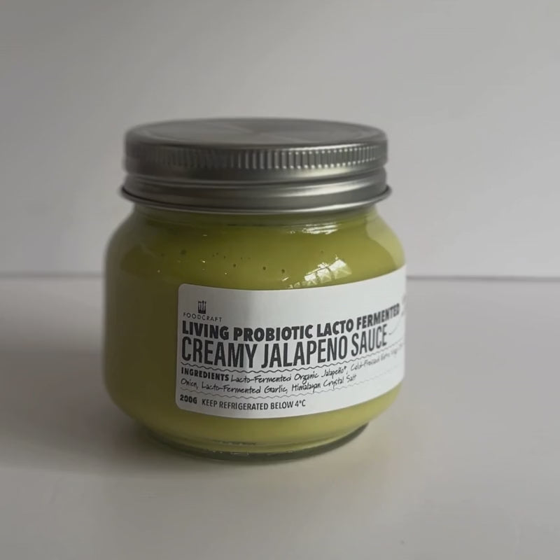 Load video: Video of Living Probiotic Creamy Jalapeno Sauce - 200g Jar moving around. 
Foodcraft Online Store